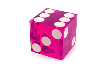 Close-up pink poker dice isolated on a white background / result as six on top with a light shadow