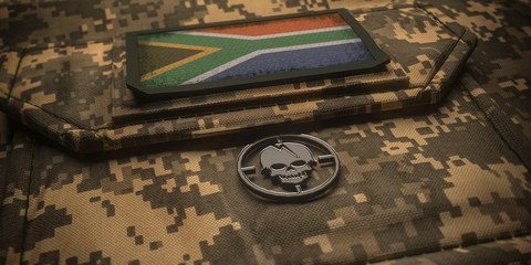 Republic of South Africa army chevron on ammunition with national flag. 3D illustration