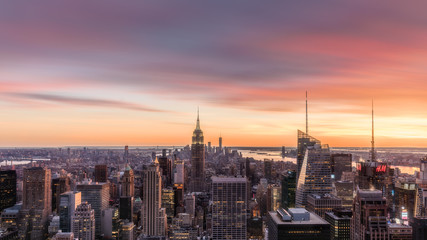 Sunset view of Manhattan City Skyline and the Empire State Building from Top of the Rock on Rockefeller Center