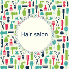 Beauty salon seamless backgound, barbershop pattern with place for text. Scissors and tools. Hairdresser icons.