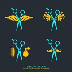 Beauty salon logo, barbershop logotype. Scissors and tools. Hairdresser icon.