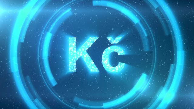 Blue Czech koruna currency symbol centered on a starscape background with HUD elements. Seamlessly loopable animation.
