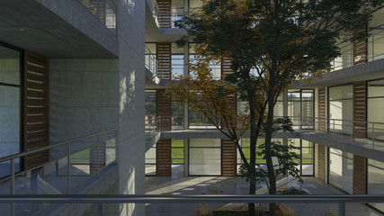 Second Floor Balcony Inside an Empty Office Building with Internal Garden View in Daylight 3D Rendering