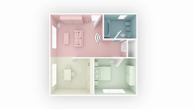 3d interior rendering illustration animation of furnished home apartment with wi fi icons