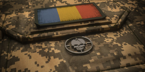 Romania army chevron on ammunition with national flag. 3D illustration
