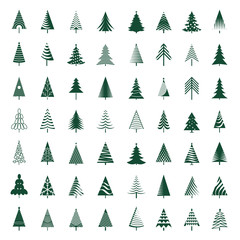 Set of green Christmas Trees. Winter season design elements. Isolated vector xmas Icons.