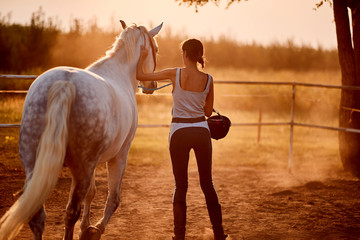 woman and horse on a ranch on a sunny summer day.