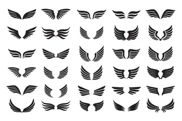 Set of black Wings. Vector Illustration and outline Icons.