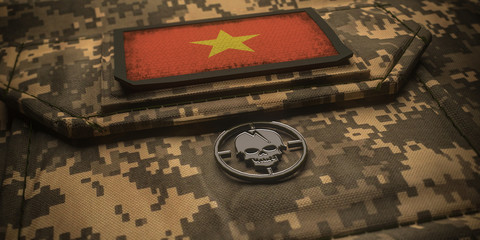 Fototapeta na wymiar Socialist Republic of Vietnam army chevron on ammunition with national flag. 3D illustration