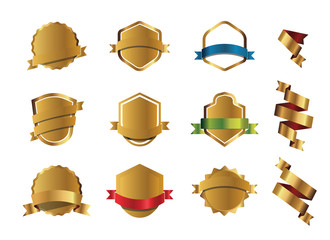 Set of golden shilds and ribbons. Vector Illustration