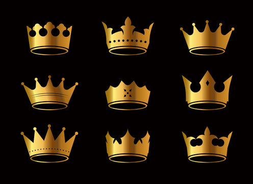 Set of golden vector king crowns and icon on black background. Vector Illustration.