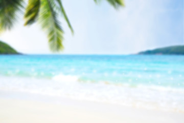 Fototapeta na wymiar Beautiful view of blue sea and white beach with coconut leaves.Blur image.