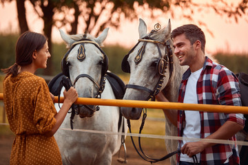  Smiling girl and man with their horse in evening sunset