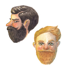 watercolor illustration of a men's head with beard and mustache on a white