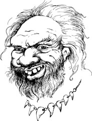 Cheerful Neanderthal. Vector illustration. Suitable for posters, cards, tattoo. Engraving style