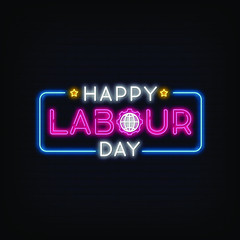 Happy Labour Day Neon Signs Style Text Vector