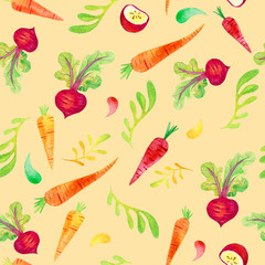 Seamless watercolor pattern. Red vegetables and herbs on a bright background. Paper texture