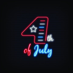4th of July Neon Signs Style Text Vector