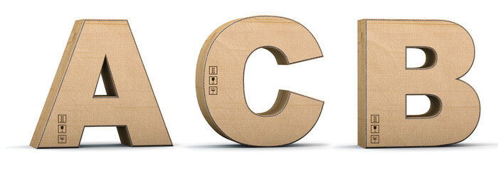 Cardboard texture letters A, B, C. 3D render. Paperboard alphabet. Font box.