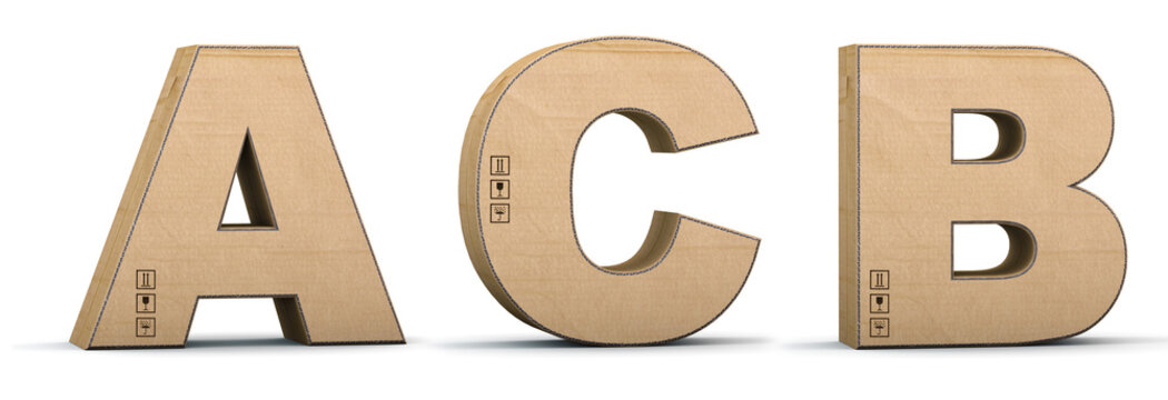 Cardboard Texture Letters A, B, C. 3D Render. Paperboard Alphabet. Font Box.