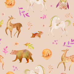 Seamless cute watercolor pattern. Forest animals, flowers, leaves. Ideal for children
