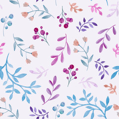 Fototapeta na wymiar Soft seamless pattern. Watercolor paper texture. Different leaves, twigs, flowers, berries