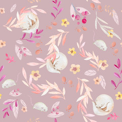 Soft seamless pattern. Watercolor paper texture. Sleeping baby animals, flowers, leaves on a pink background