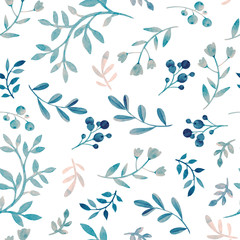 Watercolor seamless pattern. Abstract botanical ornament. Cute blue and green twigs