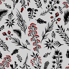 Herbal elements silhouettes of grass vector illustration of a seamless pattern
