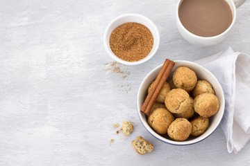 Freshly baked snickerdoodle cookies with cinnamon on gray background, top view. traditional american cookies	