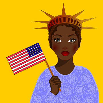 Beautiful black girl, dressed in a lacy blue sweater and a crown of the Statue of Liberty, holds an American flag in her hand, a detailed color hand-drawn illustration on a yellow isolated back
