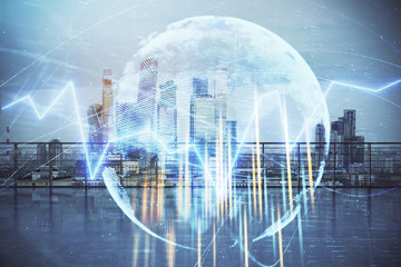Forex graph with map hologram with city view from roof background. Double exposure. Financial analysis concept.