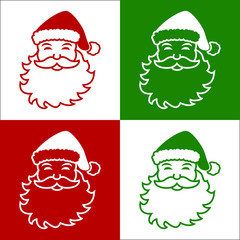 Carte rouge, vert et blanche avec 4 carrés illustrés de têtes de père Noël.