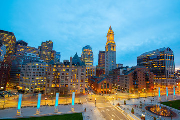 Boston Custom House and Financial District skyline at night, Boston, Massachusetts, USA.