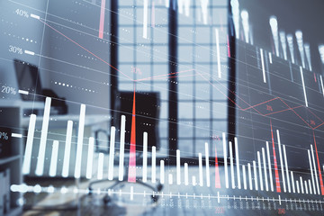 Forex chart hologram with minimalistic cabinet interior background. Double exposure. Stock market concept.