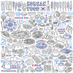 Korean food doodle set. Korean characters on bottle translation: soju (traditional alcoholic drink). "Pojangmacha" means street food tent in Korea. Vector drawing isolated on white background.