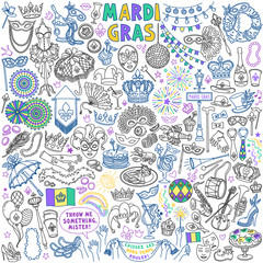 Mardi Gras carnival doodles set. Traditional holiday symbols, masks, party decorations. Freehand vector drawing isolated on background. 