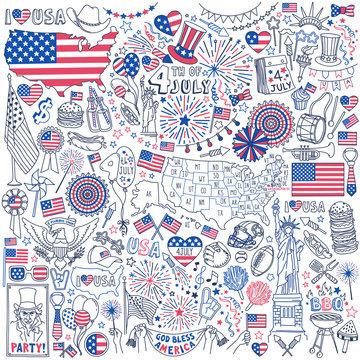 Fourth of July doodle set. National symbols of USA Independence Day, party decorations, flags and maps. Hand drawn vector illustration isolated on white background.