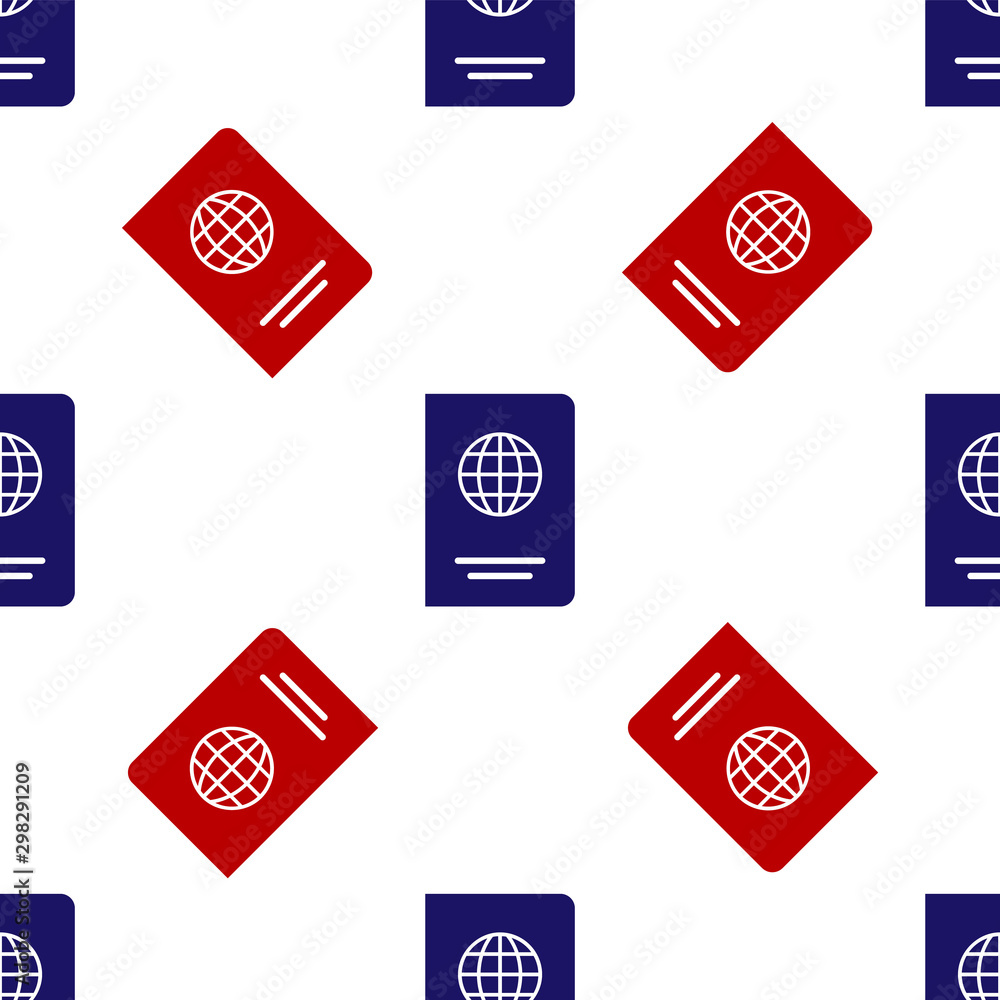 Poster blue and red passport with biometric data icon isolated seamless pattern on white background. identi