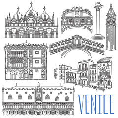 Venetian famous landmarks - Brige of Sighs, Rialto, Doges Palace, San Marco Basilica, Lion of Venice, Golden House. Freehand vector drawings isolated on white background. - obrazy, fototapety, plakaty