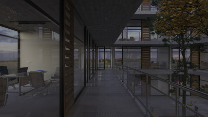 Multi Story Office Building in Dim Light with an Internal Garden Area 3D Rendering