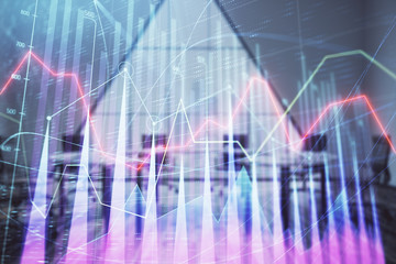 Double exposure of forex chart on conference room background. Concept of stock market analysis
