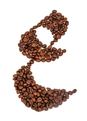 English alphabet of Coffee seeds isolated on white background, Letter E symbol made from Coffee seeds.