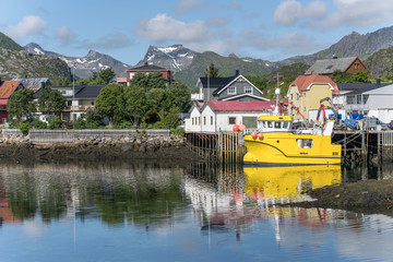Fototapeta na wymiar yellow boat moored, Svolvaer, Norway