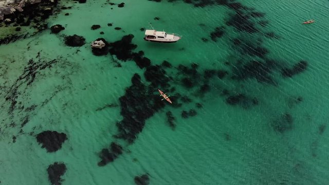 Aerial top view kayakers and boat in blye sea with reefs