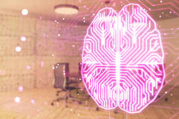 Double exposure of brain drawing hologram on conference room background. Concept of data analysis