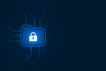 Cyber security illustration, lock file icon on circuit line, blue light on dark background copy space composition.