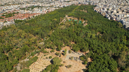 Aerial drone photo of famous Park of Filadelfia with small square pond, Athens, Attica, Greece