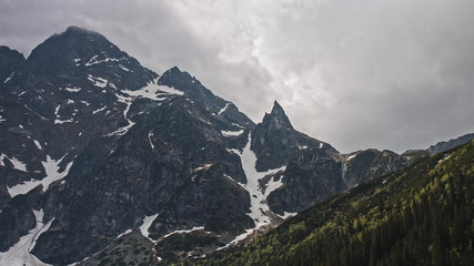 Close up view of the snow-capped mountain peaks Cloudy sky above range in Poland