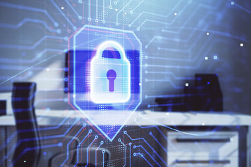Lock sign hologram with desktop office background. Double exposure. Concept of network protection